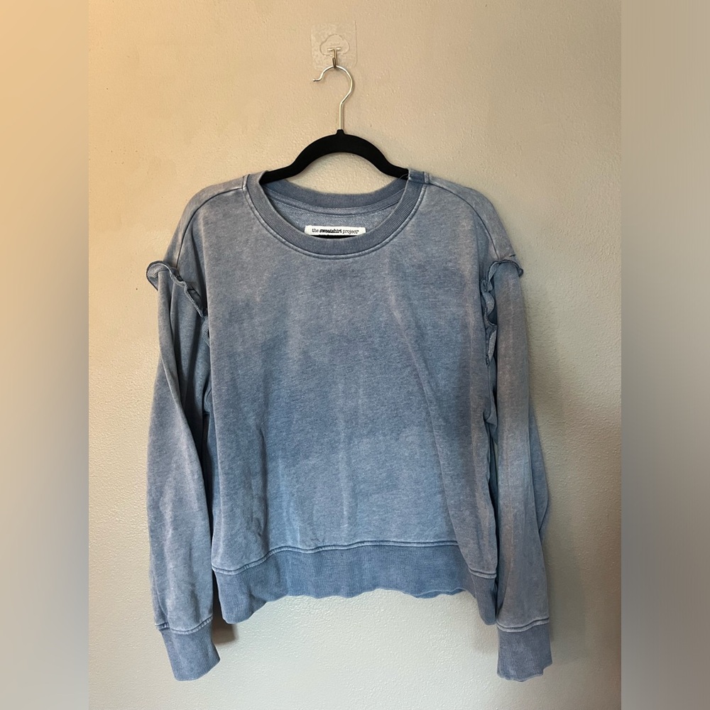 The Sweatshirt Project - Distressed Blue Ruffle Sweatshirt